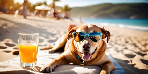 Obraz premium Happy dog with sunglasses, lying on the beach with a glass of orange juice, representing a joyful and relaxed vacation moment.