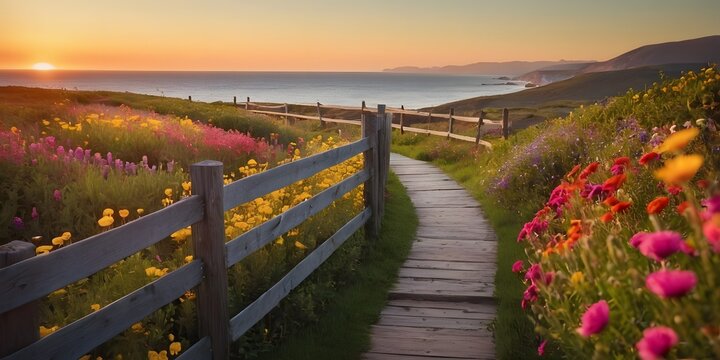 Scenic path through a colorful meadow by the coast, with vibrant flowers and a wooden fence, leading towards the ocean at sunset.