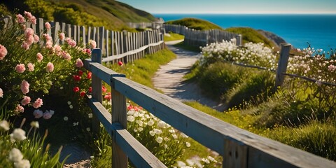 Vibrant coastal path with blooming flowers and a wooden fence, overlooking the ocean under a bright blue sky.