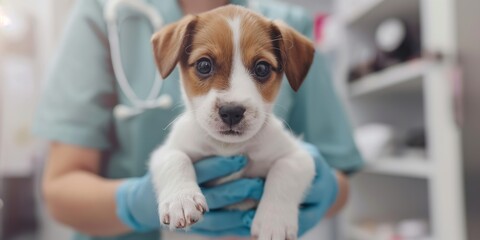 A veterinarian holds a small dog in his arms. The dog is brown and white. The veterinarian is wearing a blue shirt and gloves