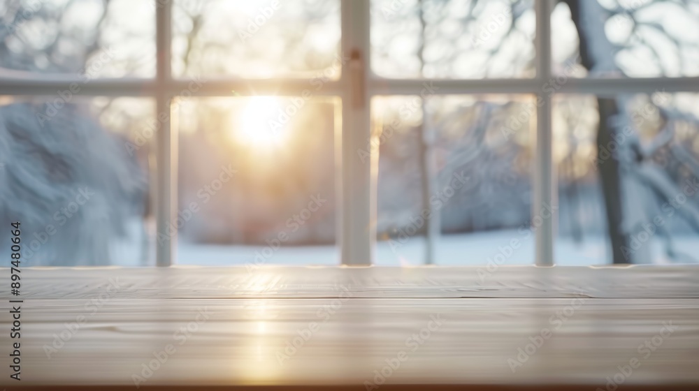 Poster a wooden table with a view of a snowy forest and a sun setting