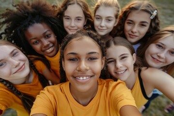 Fototapeta premium Diverse group of young girls with yellow shirts taking a selfie