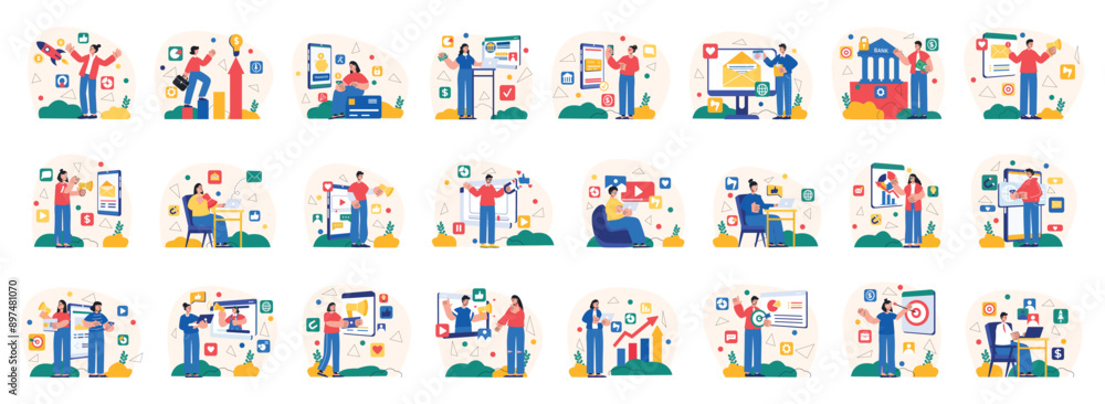 Poster bundle of colorful simple concepts with people scene in flat cartoon design. each scene in this coll