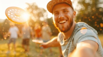 A bearded man wearing a cap smiles and holds a frisbee in an outdoor setting with sunlight and people enjoying outdoor activities in the background.