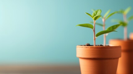 Obraz premium The image captures a young plant sprouting from terracotta pots placed on a white surface against a soft blue background, symbolizing new beginnings and potential growth.
