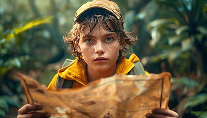 Tilted angle view of a young explorer with a map