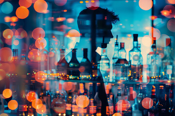 Bartender art wallpaper, bartender silhouette combined with a bar bottles, Bar environment with vibrant nightlife, Double Exposure Bartending pose, Energetic and vibrant