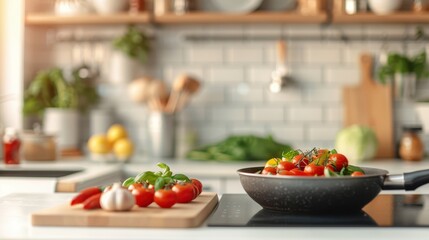A healthy and fresh vegetable tomato dish is being cooked on a stove in a modern kitchen, surrounded by a variety of ingredients and cooking tools for a nutritious meal.
