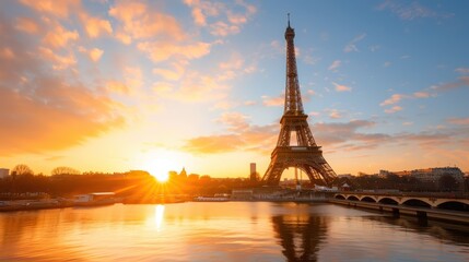 The Eiffel Tower illuminated by the golden hues of sunset, with a scenic view of the bridge over the river Seine, capturing the enchanting essence of a Parisian evening.
