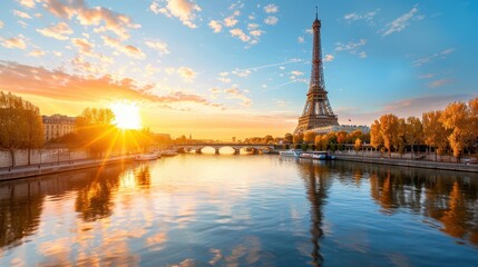 Naklejka premium The Eiffel Tower during sunrise, with a breathtaking view of the reflective river Seine, showcasing a colorful, serene sky, and the vibrancy of Paris in the morning.