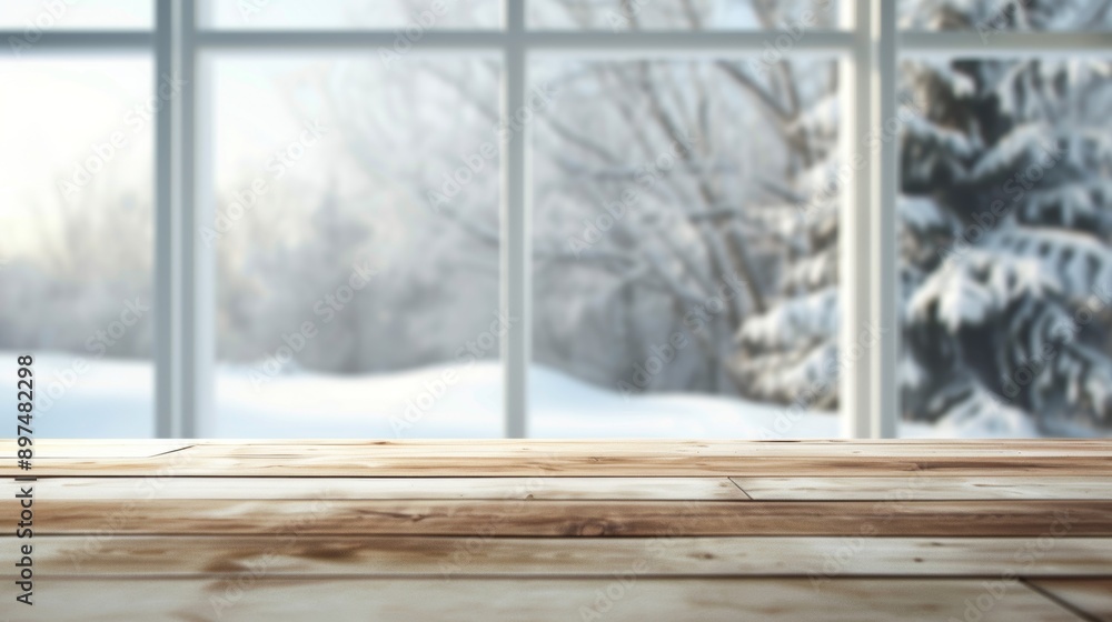 Poster a wooden table with a view of snow-covered trees outside a window