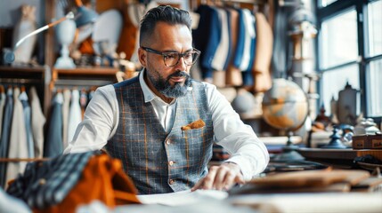 A man in a plaid vest sits at a desk in his tailoring shop, working on a project