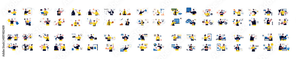 Poster mega set of yellow concepts with people scene in flat cartoon design. every scene in this collection