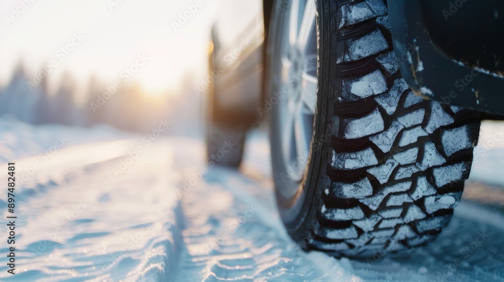 Poster A tire with snow on it is shown in front of a snowy road