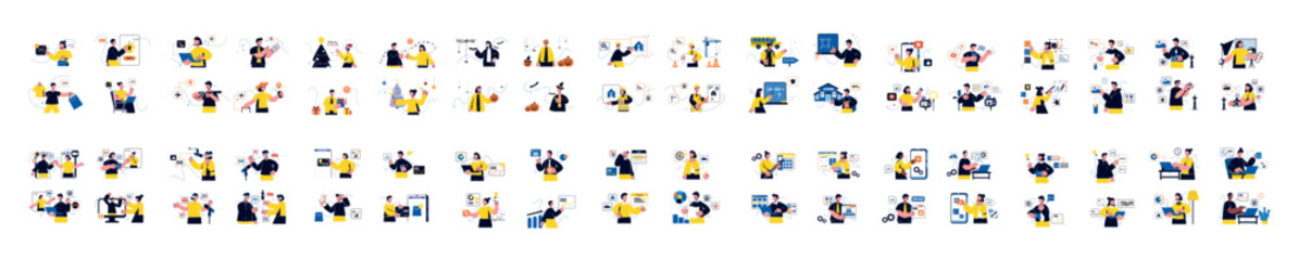 Mega set of yellow concepts with people scene in flat cartoon design. Every scene in this collection is filled with detail, creating vivid and engaging visual content. Vector illustration.
