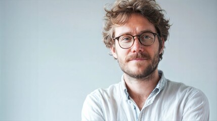 Obraz premium A close-up portrait of a man wearing glasses and a white shirt. He has brown hair, a beard, and is looking directly at the camera