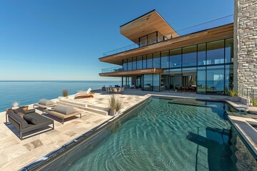 Fototapeta premium Luxurious poolside with modern architecture, ocean view, and natural light, creating a serene and inviting atmosphere