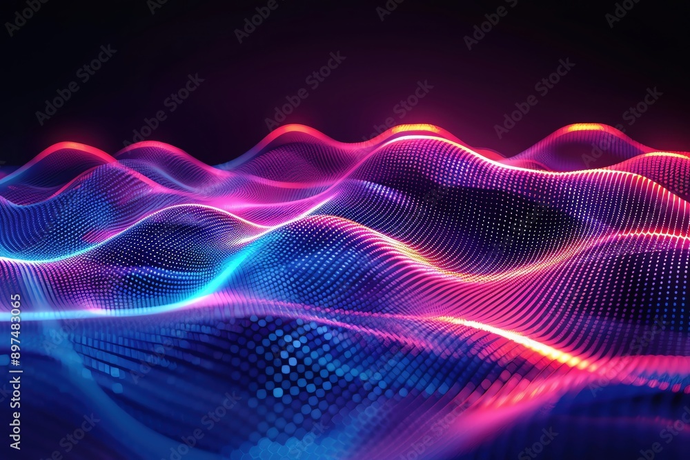 Poster vibrant digital waves in blue and pink tones, creating a mesmerizing visual effect ideal for abstrac
