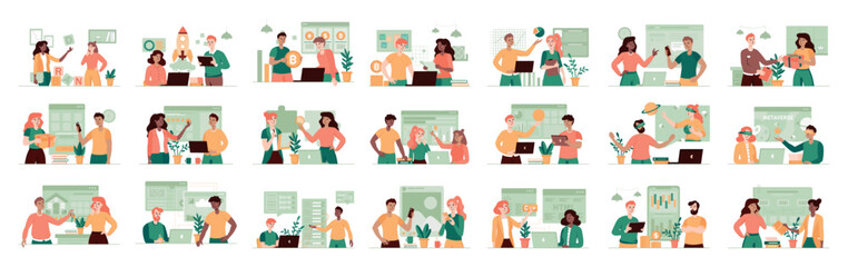 Fototapeta premium Bundle of green concepts with people scene in flat cartoon design. A large selection of colorful images showing men and women in various life situations. Vector illustration.