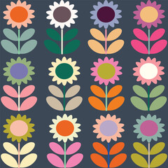 seamless floral pattern with flowers in retro scandinavian style