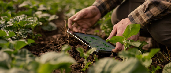 Obraz premium Hands of a farmer analyzing soil health on a tablet screen