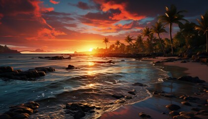 A picturesque sunset over a tranquil beach with palm trees