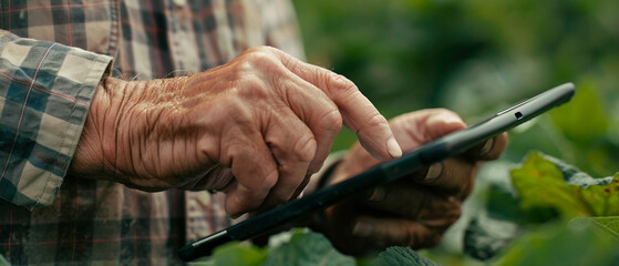 Hands of a farmer checking market prices on a tablet