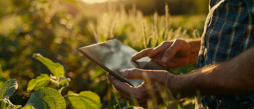 Hands of a farmer checking smart farming alerts on a tablet - Powered by Adobe