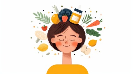 This image illustrates a head surrounded by various healthy foods and wellness items, promoting a balanced lifestyle and well-being, set against a clean, white background.