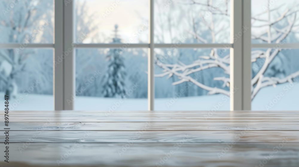 Poster a window view of a snowy landscape with a tree in the background