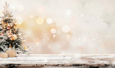 an empty wooden table in a setting with a christmas tree, in the style of light white and light brown, multilayered texture, bokeh