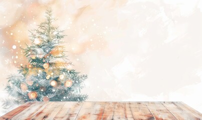 an empty wooden table in a setting with a christmas tree, in the style of light white and light brown, multilayered texture, bokeh, light orange and light gray, organic made