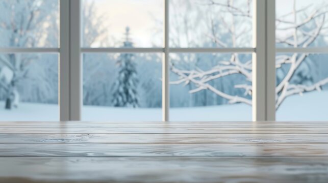 Fototapeta A window view of a snowy landscape with a tree in the background