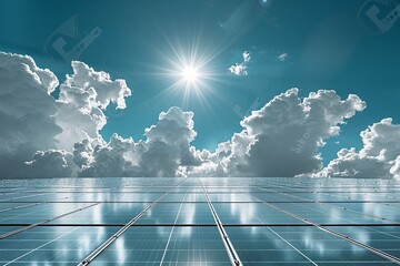 A solar farm with rows of panels under a bright blue sky Environmental Photorealistic High definition Clear and sunny