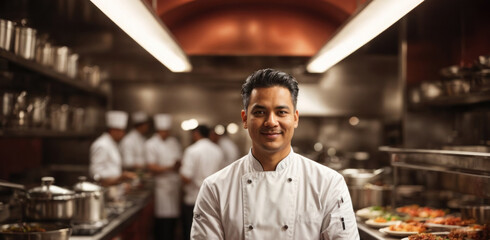 A chef in front of his kitchen, confidently creating culinary masterpieces, surrounded by an atmosphere of professionalism and creativity