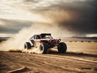 The off-road buggy races through a cloud of dust and sand, demonstrating power and dynamics in a thrilling adventure on the track