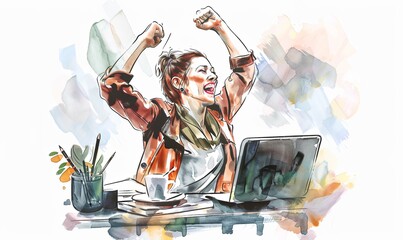 Celebration, fist pump and woman in office with success, achievement or job promotion in career. Happy, excited and professional young 