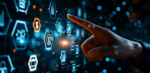 A hand is pointing at the screen with various financial icons and hexagons, such as a money bag icon in blue color on a dark background