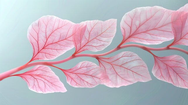   A detailed picture of a vibrant pink leaf perched on a tree branch, surrounded by a serene blue sky