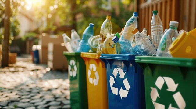 Close up of colorful recycling bins filled with plastic bottles