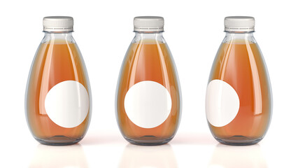 Small bottles with blank round label and orange liquid. 3d illustration on white background