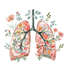 Human lungs made of spring flowers and plants isolated on white background, healthy lungs medical concept watercolour