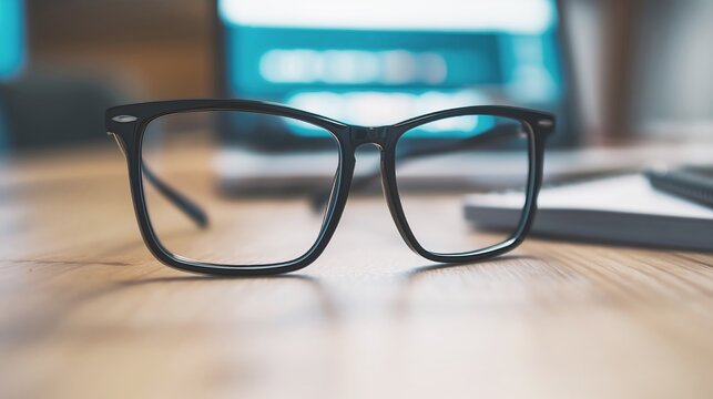 Stylish Black Eyeglasses with Rectangular Frames on Wooden Table, Blurred Laptop and Notebook in Background Creating Modern Workspace Atmosphere