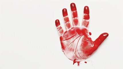 Detailed image of a chilling red handprint on a stark white background, symbolizing danger and crime, isolated and impactful.