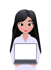 business girl with a laptop in her hands, flat style, Asian appearance, purple shirt