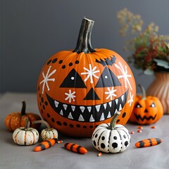 Festively decorated pumpkins with a Jack-o'-lantern, candy corn, and autumn flower arrangement in a Halloween theme setting.