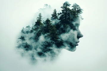 Creative double exposure image blending woman profile with misty forest, evoking sense of nature and introspection, symbolizing connection between human spirit and natural world