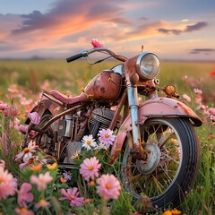 Vintage motorcycle surrounded by colorful wildflowers in a beautiful field at sunset, capturing a timeless blend of nature and nostalgia.