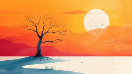 An eye-catching abstract design showcasing a lone tree's silhouette against a vivid sunset backdrop with orange and yellow hues, evoking feelings of solitude and beauty in nature.