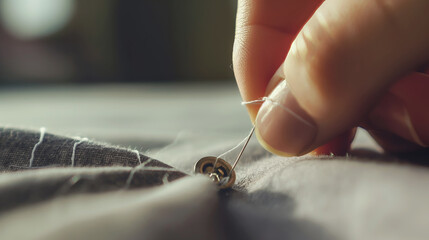 Hand sewing button with needle, close up, sewing thread, precise work, repairing clothes, tailoring skill concept